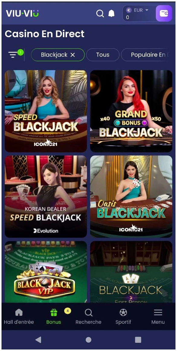 Tables de blackjack et variantes disponibles sur Viu Viu Casino