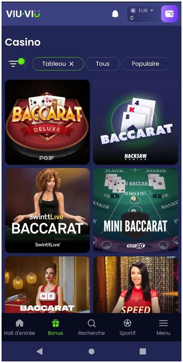 Jeux de table en direct disponibles sur Viu Viu